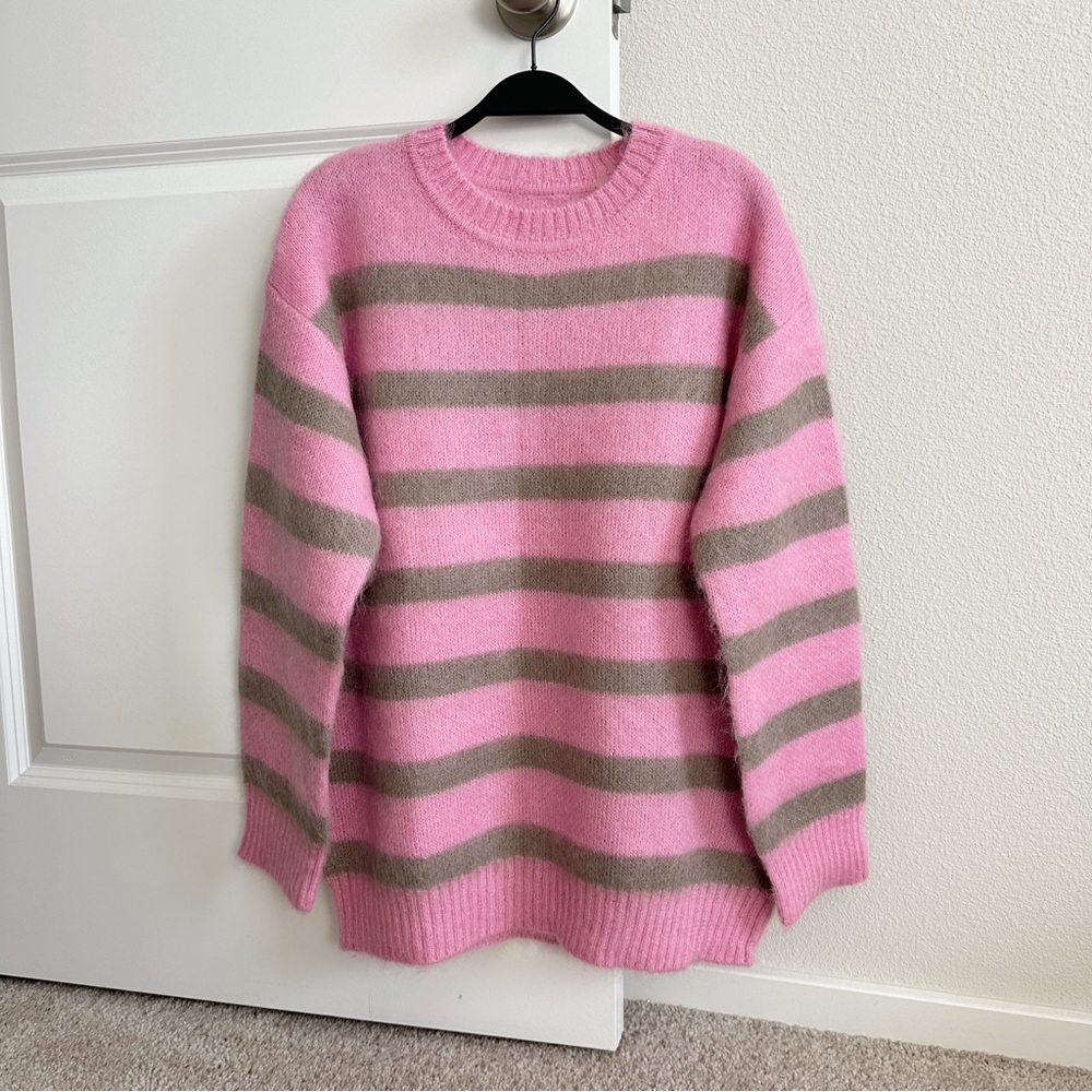 Pink/brown contrasted striped pullover sweater Mohair/wool blended cute sweater